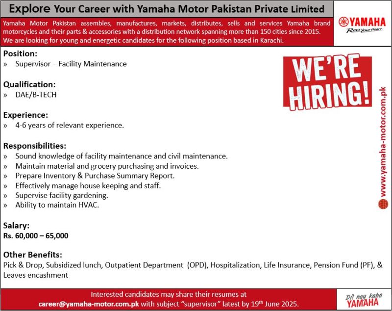 Yamaha Motor Pakistan Private Limited Jobs June 2025 2