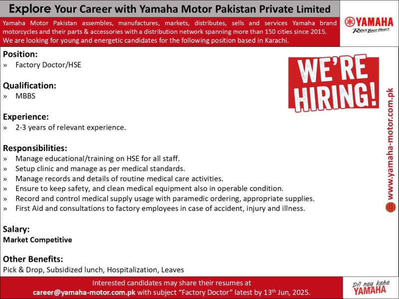 Yamaha Motor Pakistan Pvt Ltd Jobs Factory Doctor/HSE 1