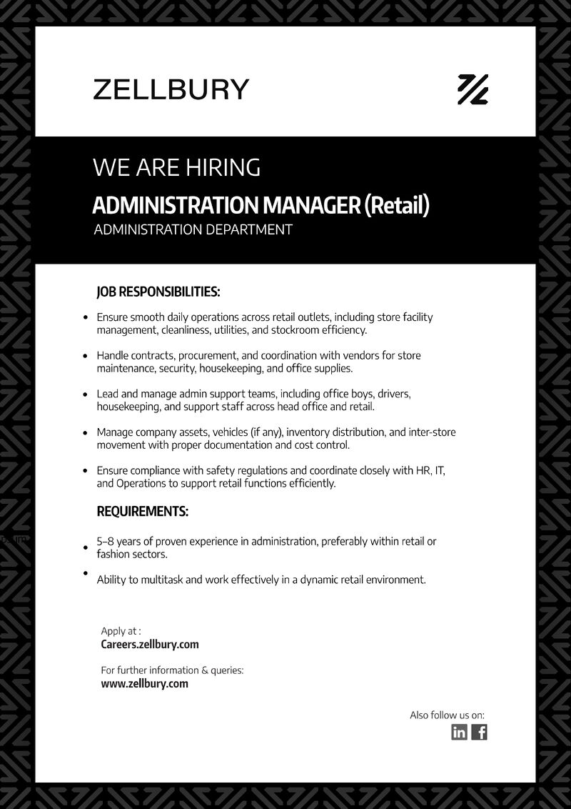 Zellbury Pakistan Jobs Administration Manager 1