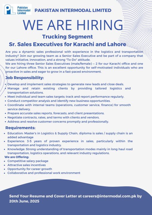 Pakistan Intermodal Ltd Jobs Senior Sales Executives