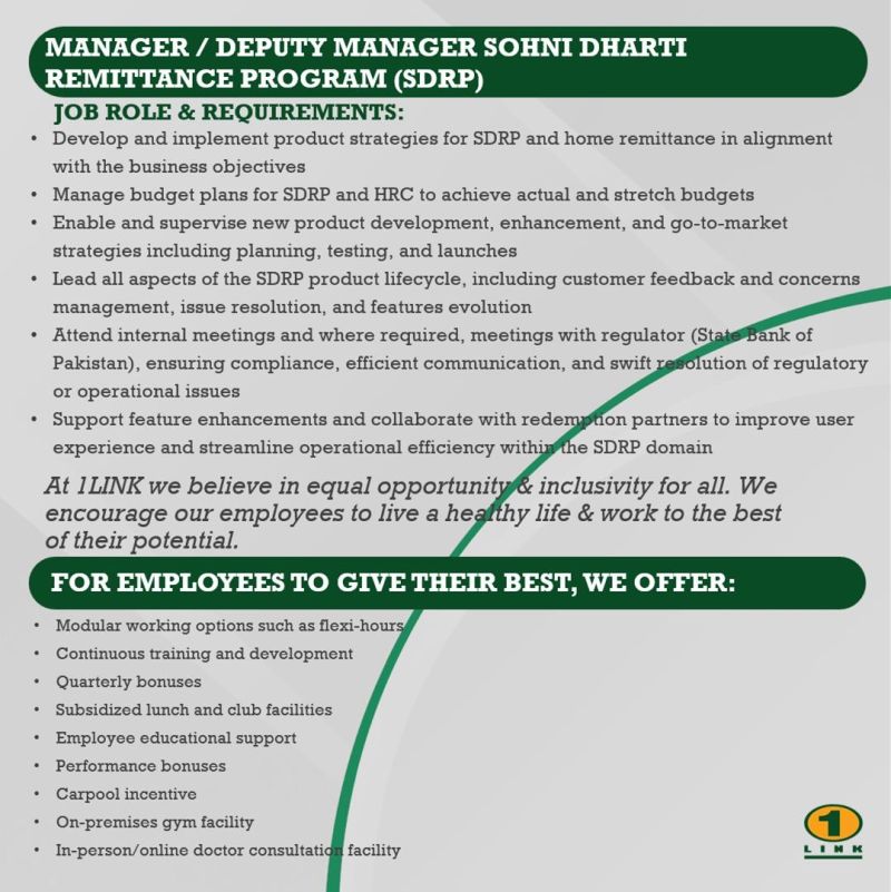 1Link Pvt Ltd Jobs Manager / Deputy Manager Sohni Dharti Remittance Program (SDRP) 2