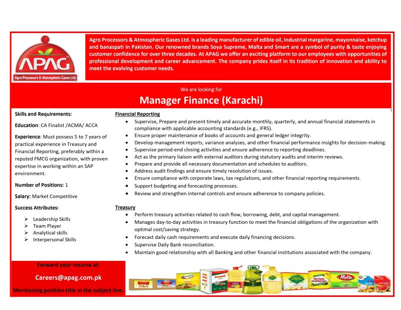 (APAG) Agro Processor Atmospheric Gases Ltd Jobs Finance Manager 1