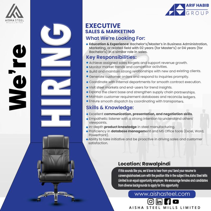 Aisha Steel Mills Limited ASML Jobs Executive Sales & Marketing 1