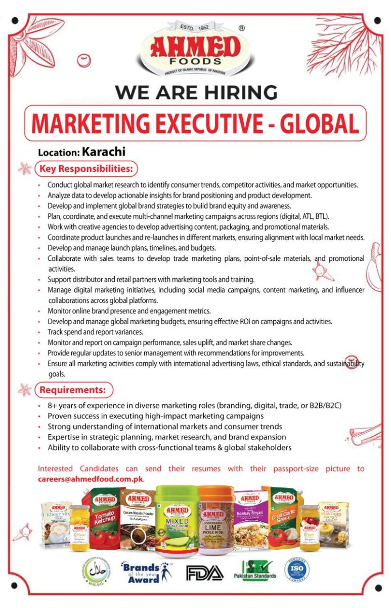 Ahmed Foods Pvt Ltd Jobs Marketing Executive Global 1