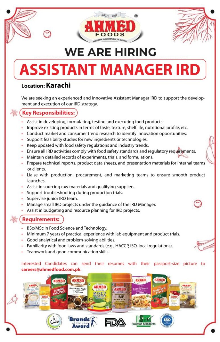 Ahmed Foods Pvt Ltd Jobs Assistant Manager IRD 1