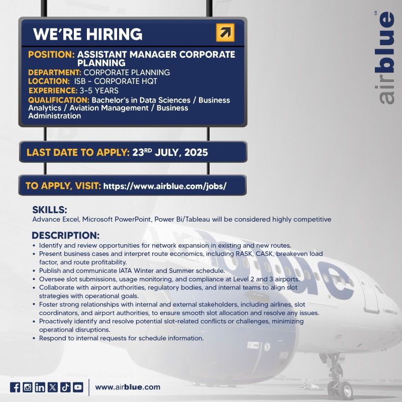Airblue Pakistan Jobs Assistant Manager Corporate Planning 1