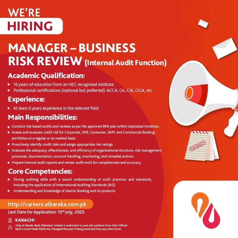 Al Baraka Bank (Pakistan) Limited Jobs Manager Business Risk Review