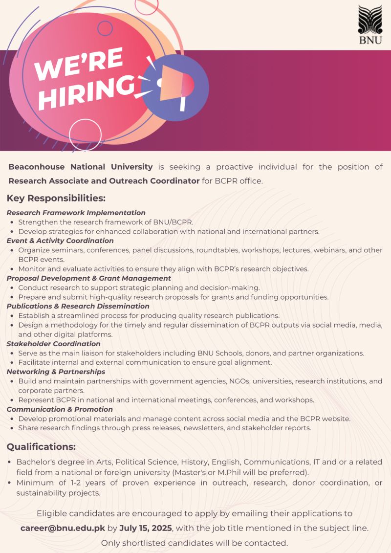 Beaconhouse National University BNU Jobs Research Associate and Outreach Coordinator 1