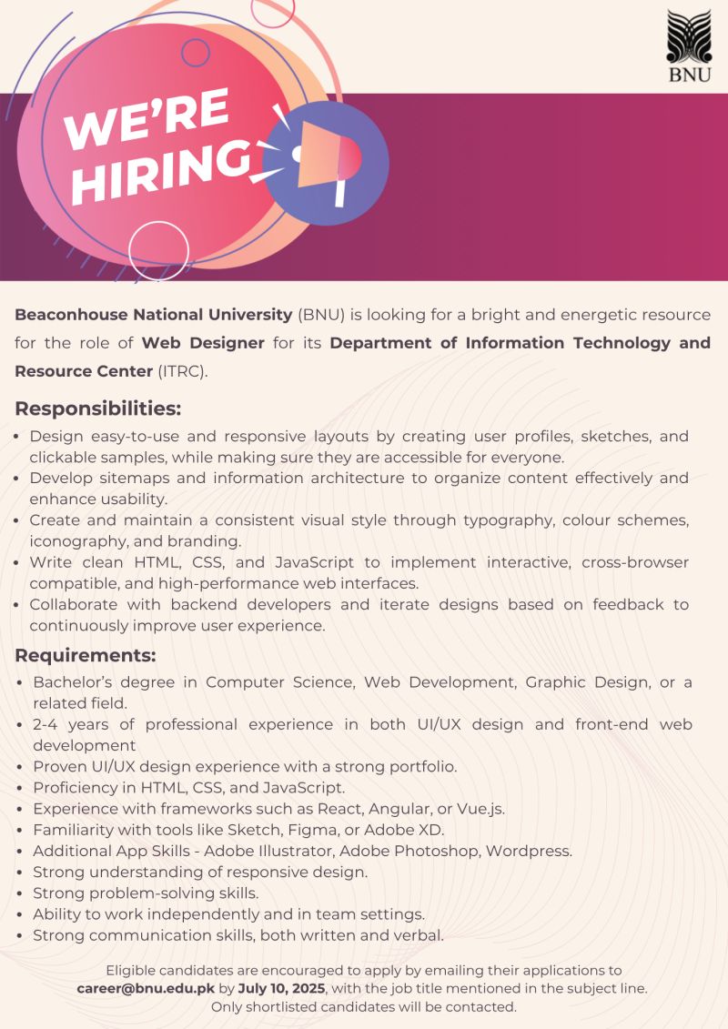 Beaconhouse National University (BNU) Jobs Web Designer 1