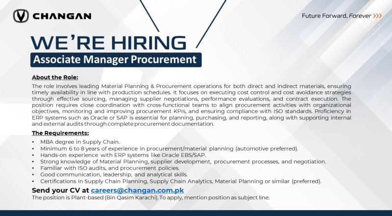 Changan Pakistan Jobs Associate Manager Procurement 1