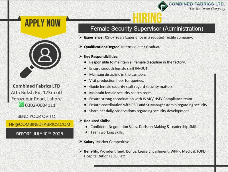 Combined Fabrics Limited Jobs Female Security Supervisor 1