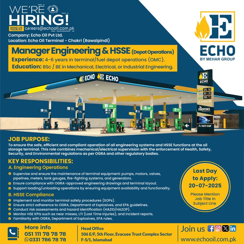 Echo Oil Pakistan Jobs Manager Engineering & HSSE 1