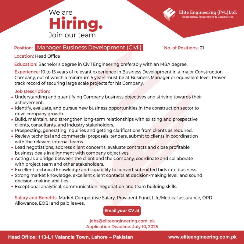 Elite Engineering (Pvt) Ltd Jobs Manager Business Development (Civil) 1