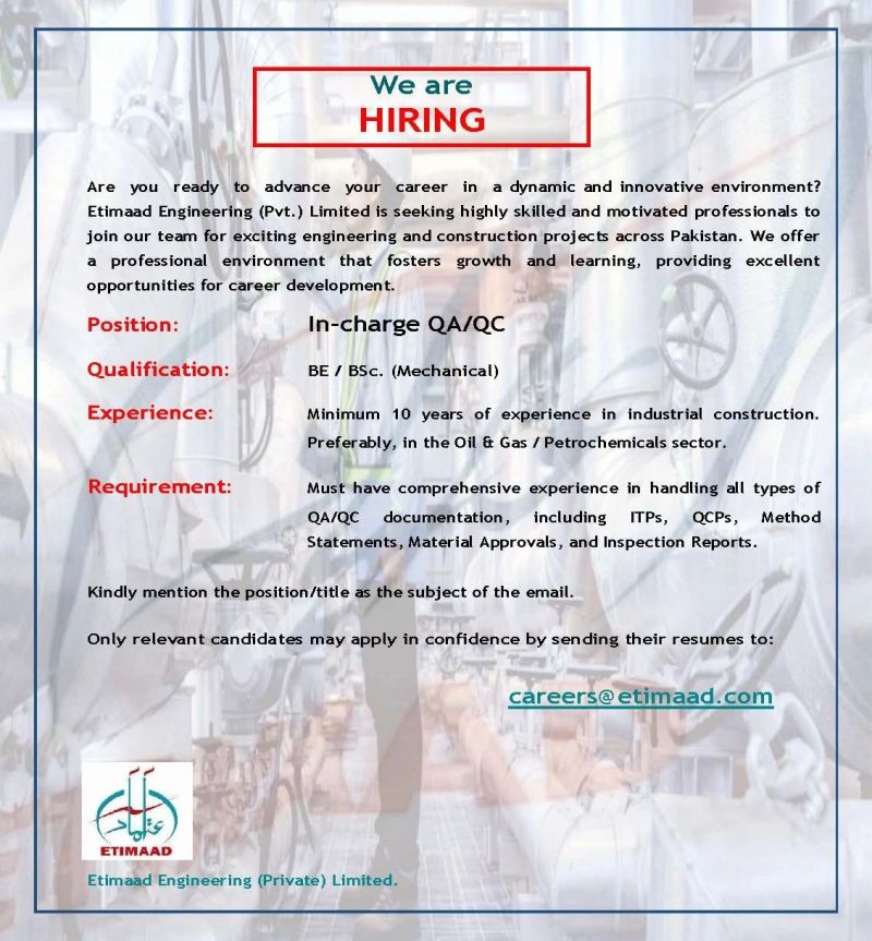 Etimaad Engineering (Private) Limited Jobs Incharge QA/QC 2
