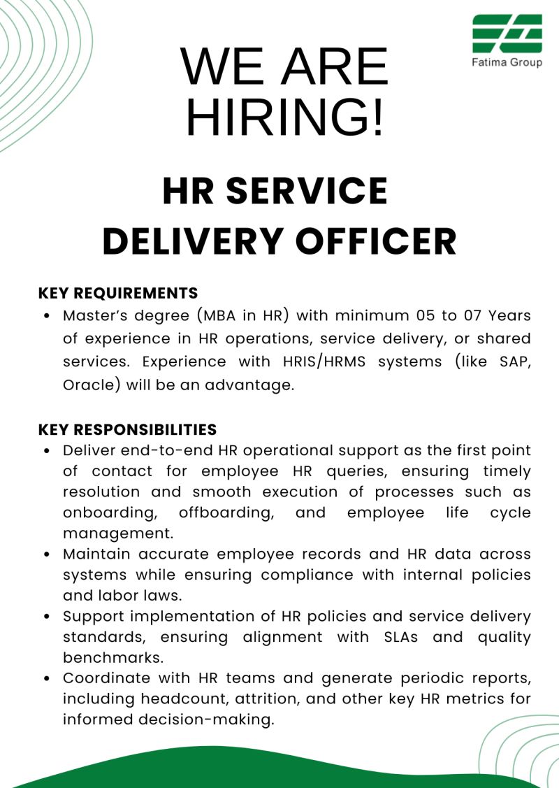 Fatima Group Jobs HR Service Delivery Officer 1