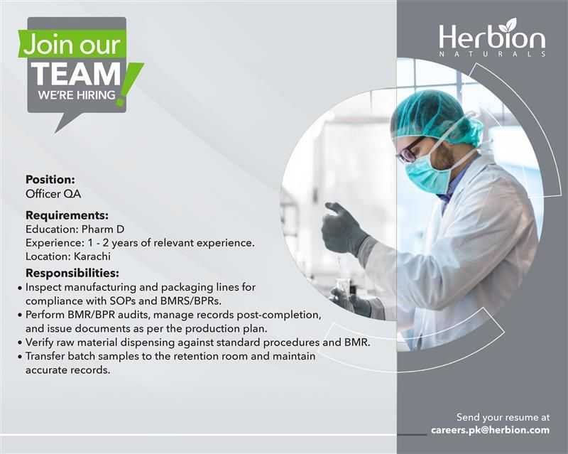 Herbion Naturals Jobs Officer QA 1