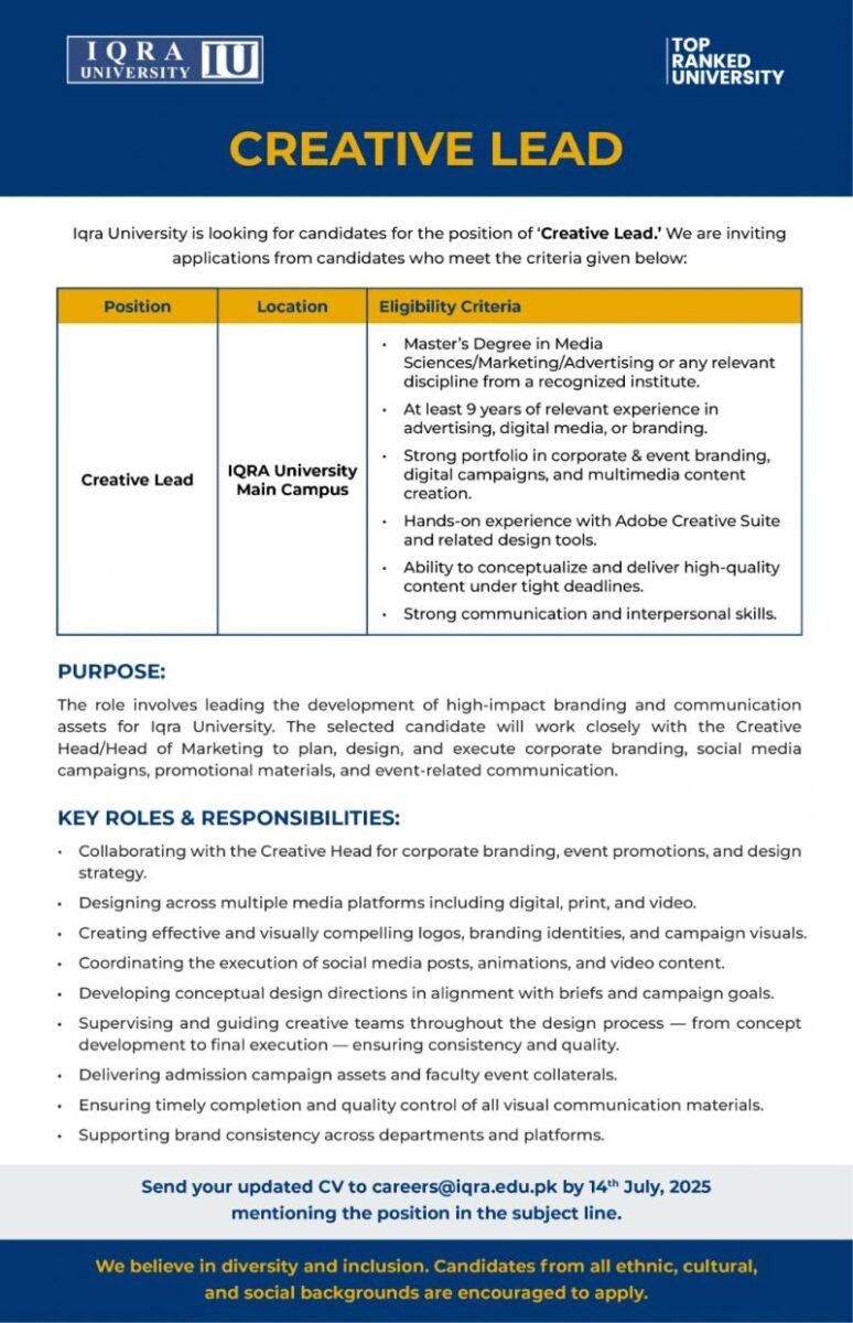 Iqra University Jobs Creative Lead 1