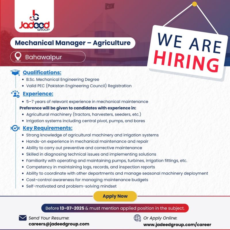 Jadeed Group Of Companies Jobs Mechanical Manager Agriculture 1
