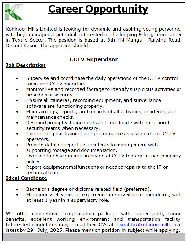 Kohinoor Mills Limited Jobs CCTV Supervisor 1
