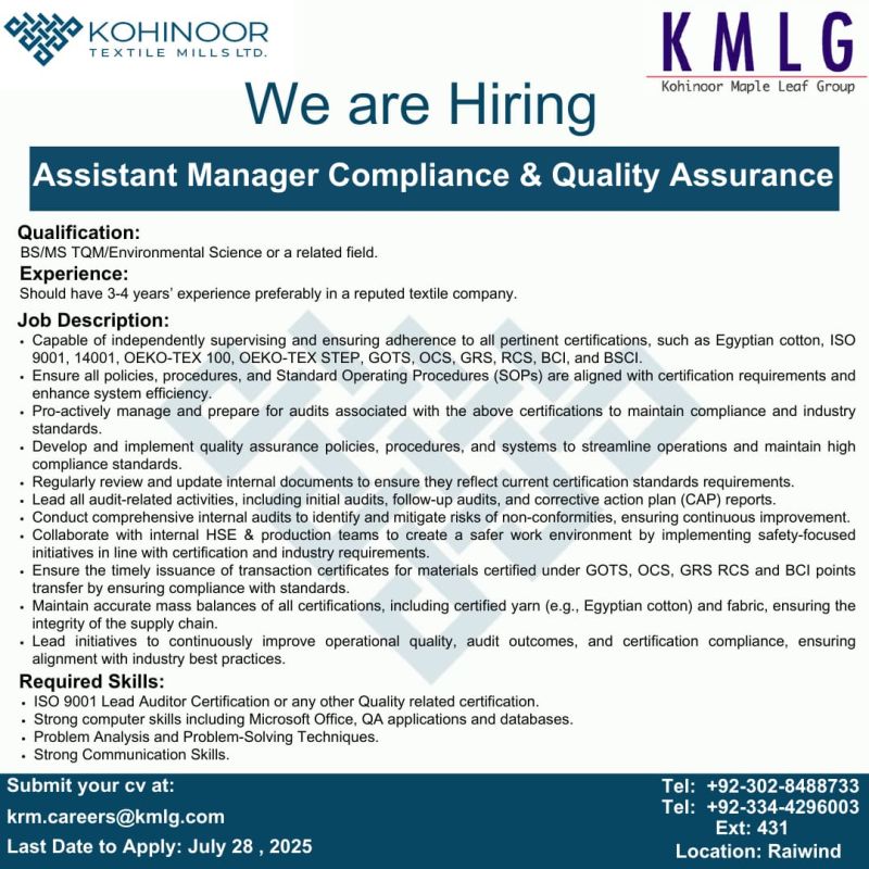Kohinoor Textile Mills Limited Jobs Assistant Manager Compliance & Quality Assurance 1