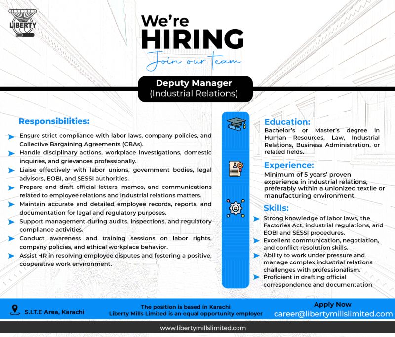 Liberty Mills Limited Jobs Deputy Manager (Industrial Relations) 1