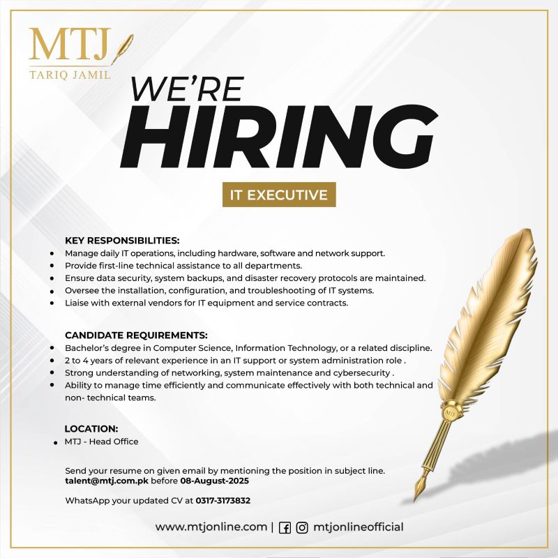 MTJ Tariq Jamil Jobs August 2025 1
