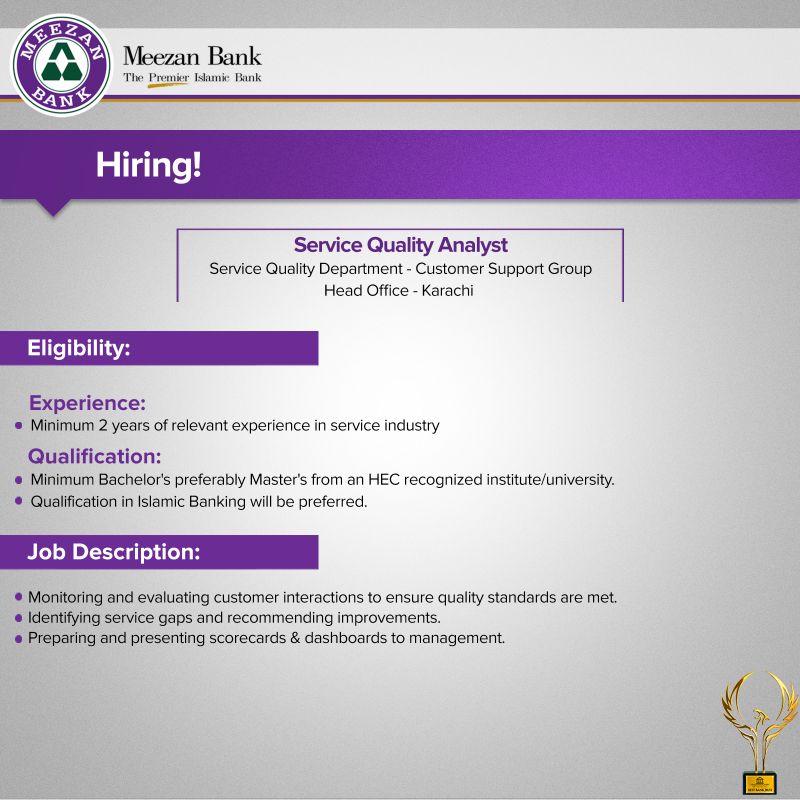 Meezan Bank Limited Jobs Service Quality Analyst 1