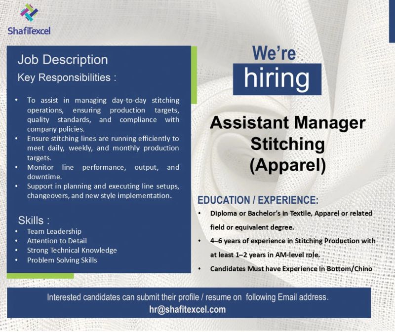Shafi Texcel Pvt Ltd Jobs Assistant Manager Stitching 1