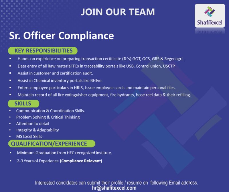 Shafi Pvt Ltd Jobs Sr Officer Compliance 1