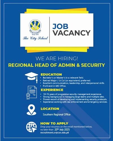 The City School Jobs Regional Head of Admin & Sercuity