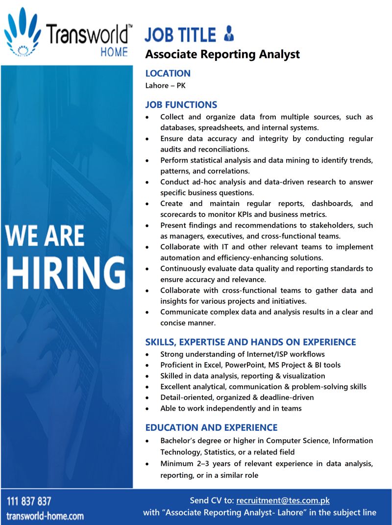 Transworld Home Jobs Associate Reporting Analyst 1