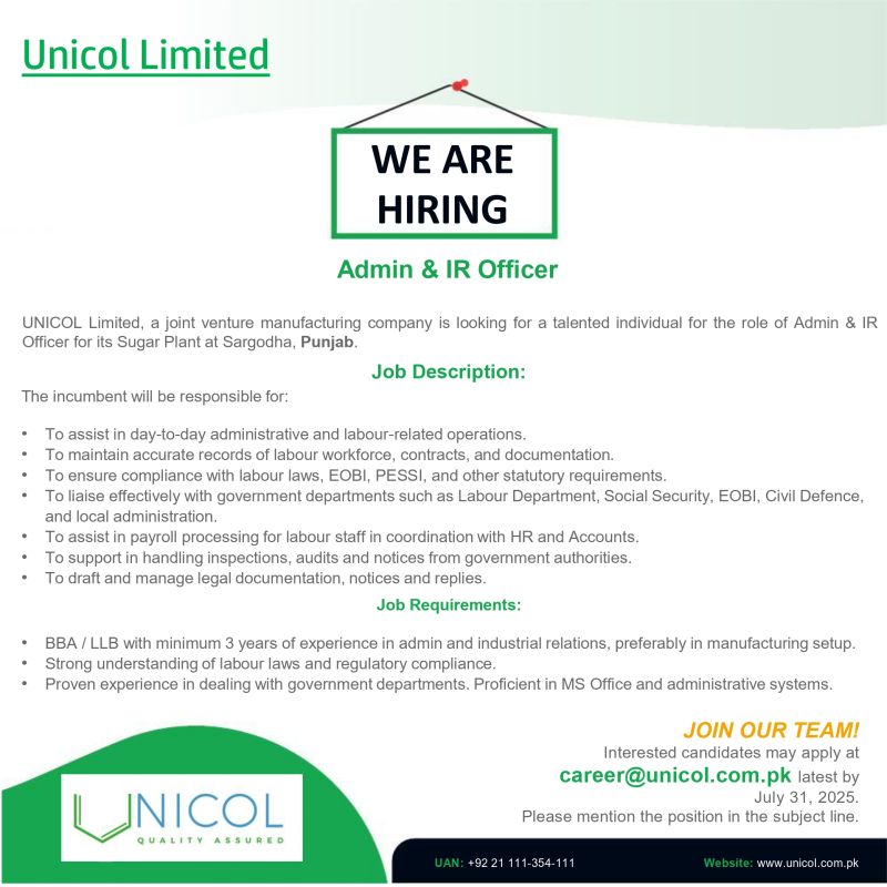 Unicol Limited Jobs Admin & IR Officer 1