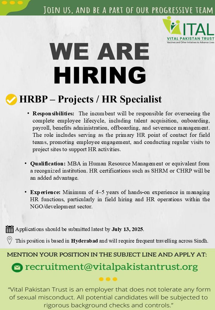 VITAL Pakistan Trust Jobs HRBP Projects / HR Specialist 1