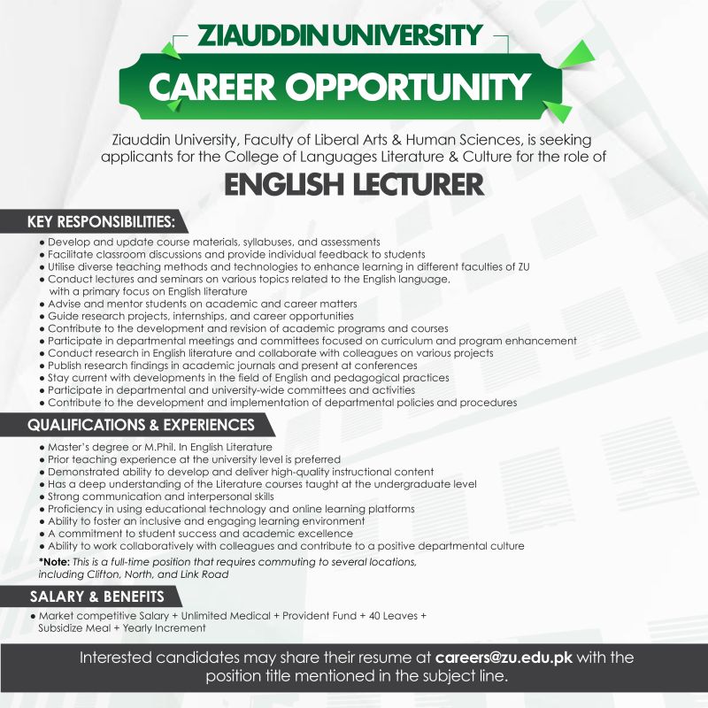 Ziauddin University Jobs English Lecturer 1