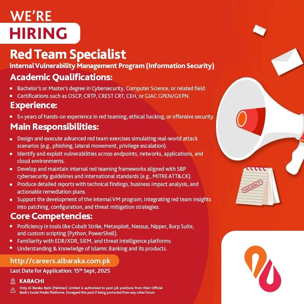 Al Baraka Bank (Pakistan) Limited Jobs Red Team Specialist 1