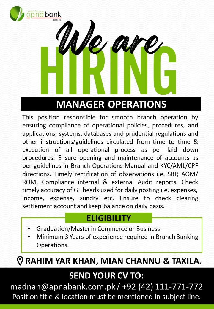 APNA Microfinance Bank Jobs Manager Operations 1