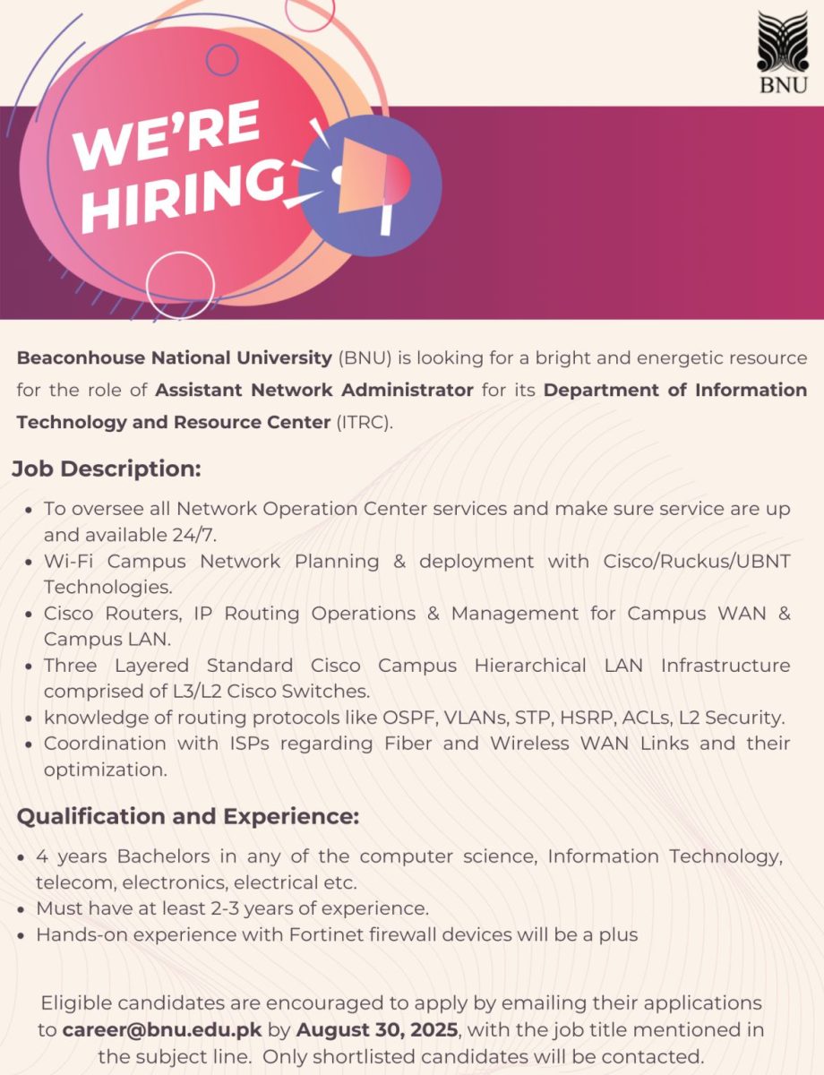Beaconhouse National University (BNU) Jobs Assistant Network Administrator 1