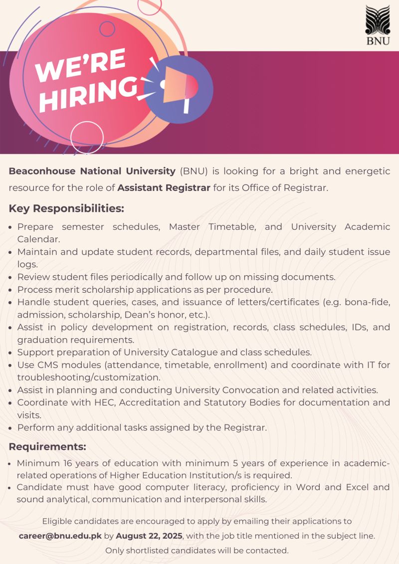 Beaconhouse National University (BNU) Jobs Assistant Registrar 1