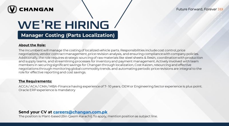 Changan Pakistan Jobs Manager Costing 1