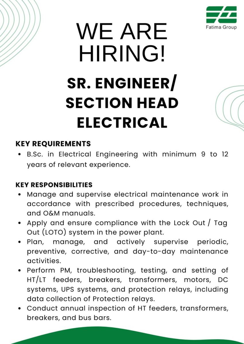 Fatima Group Jobs Sr Engineer/Section Head Electrical 1
