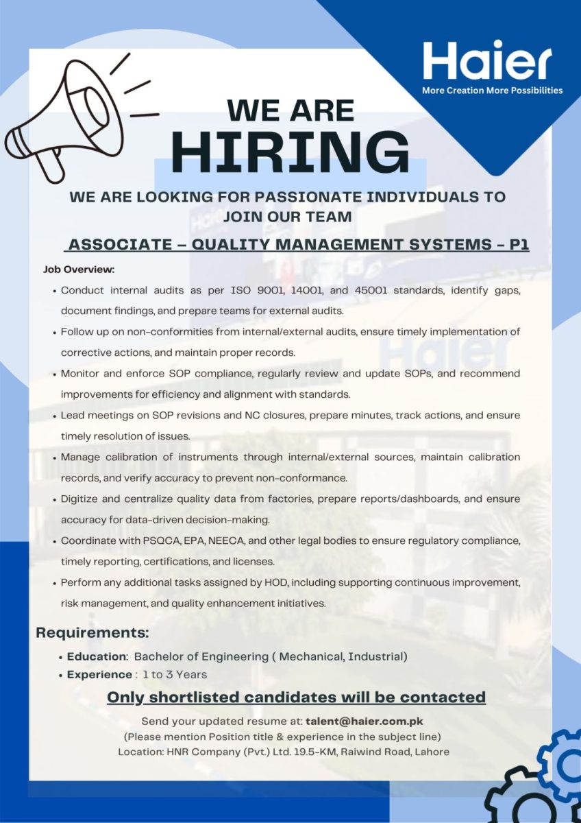 Haier Pakistan Jobs Associate Quality Management Systems (P1) 1
