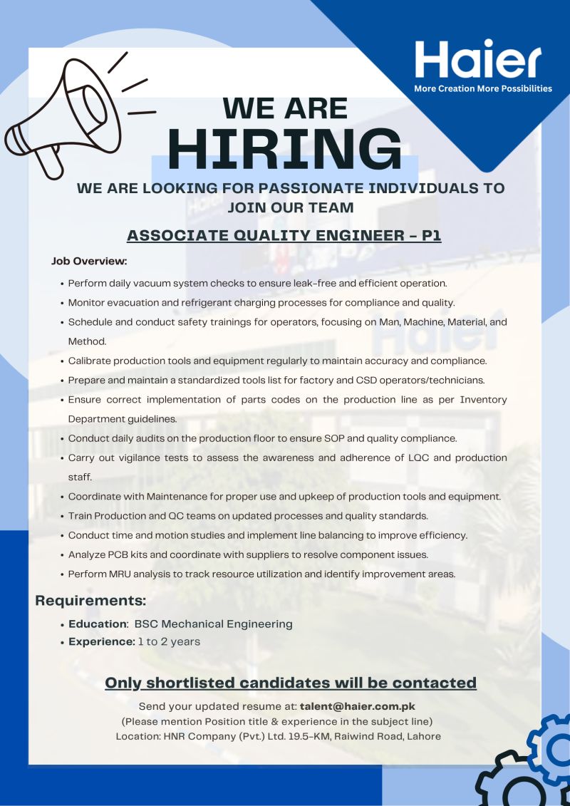 Haier Pakistan Jobs Associate Quality Engineer P1 1