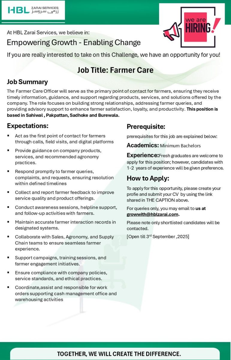 HBL Zarai Services Limited Jobs Farmer Care 1