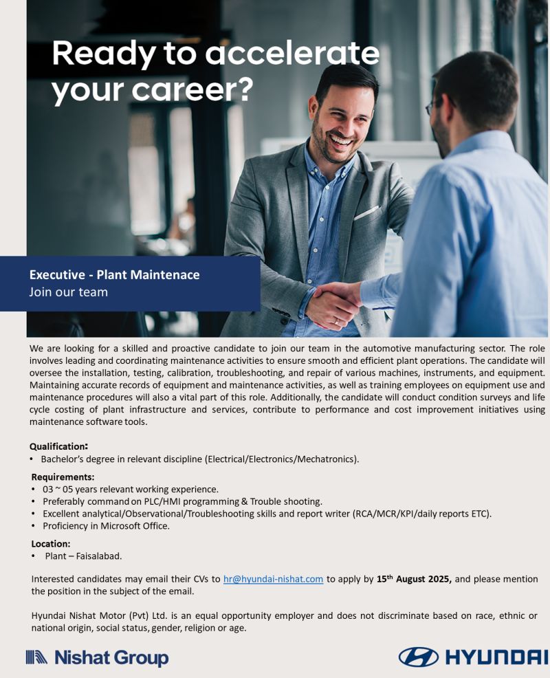 Hyundai Nishat Motor Pvt Ltd Jobs Executive Plant Maintenance 1
