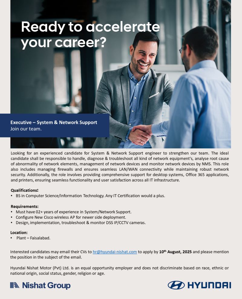 Hyundai Nishat Motor Pvt Ltd Jobs Executive System & Network Support 1