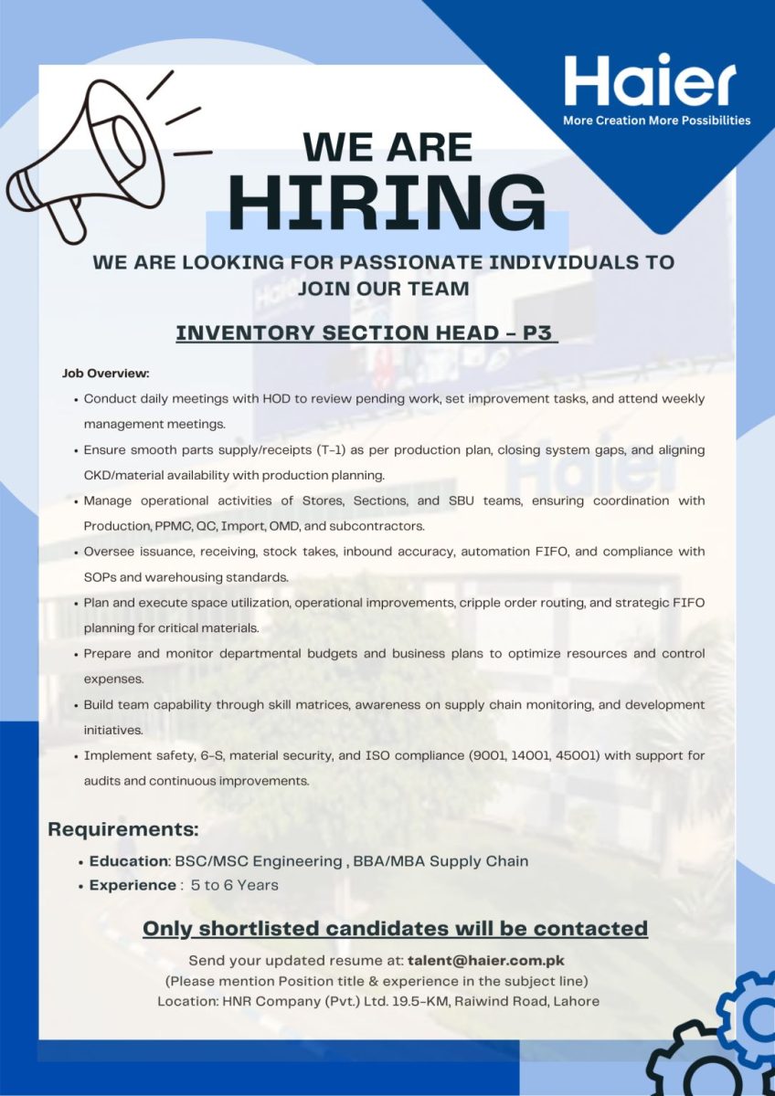 Haier Pakistan Jobs Inventory Section Head P3 1