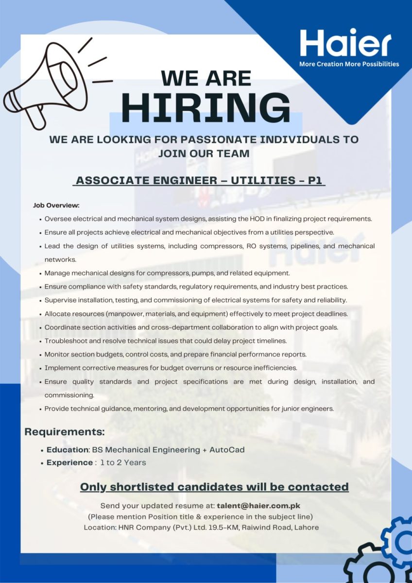 Haier Pakistan Jobs Associate Engineer Utilities 1
