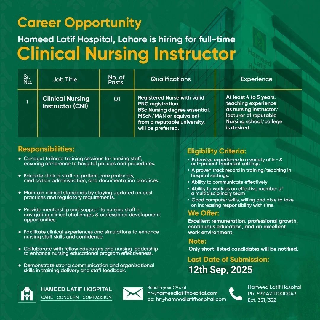 Hameed Latif Hospital Jobs Clinical Nursing Instructor 1