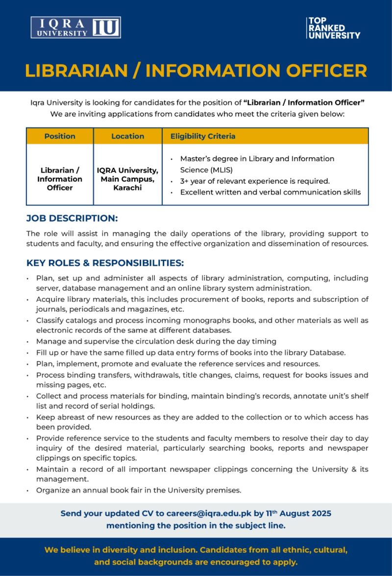 Iqra University IU Jobs August 2025 2