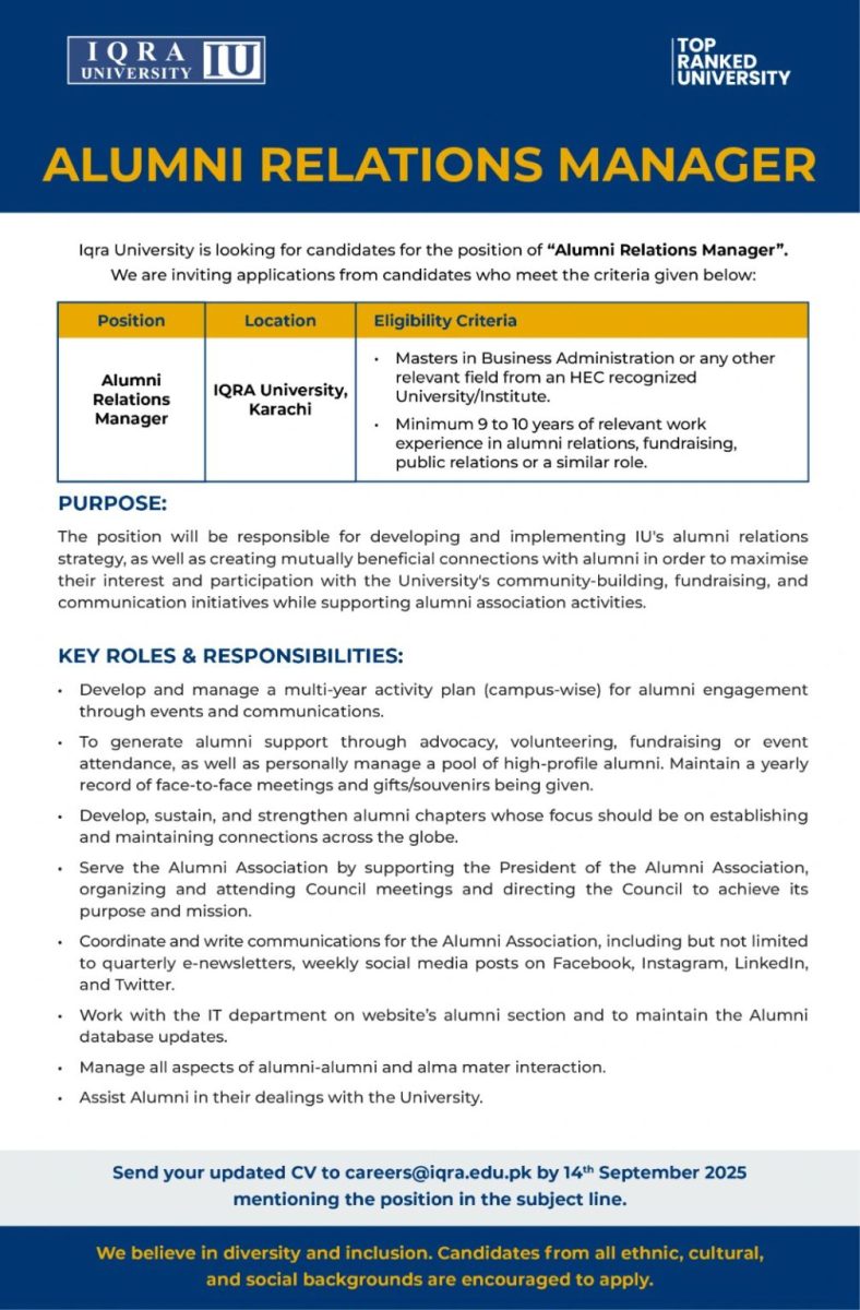 Iqra University Jobs Alumni Relations Manager 1
